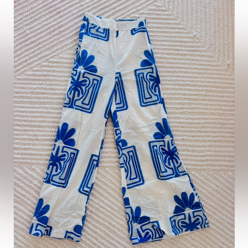 Blue and White Wide Leg Linen Pants
